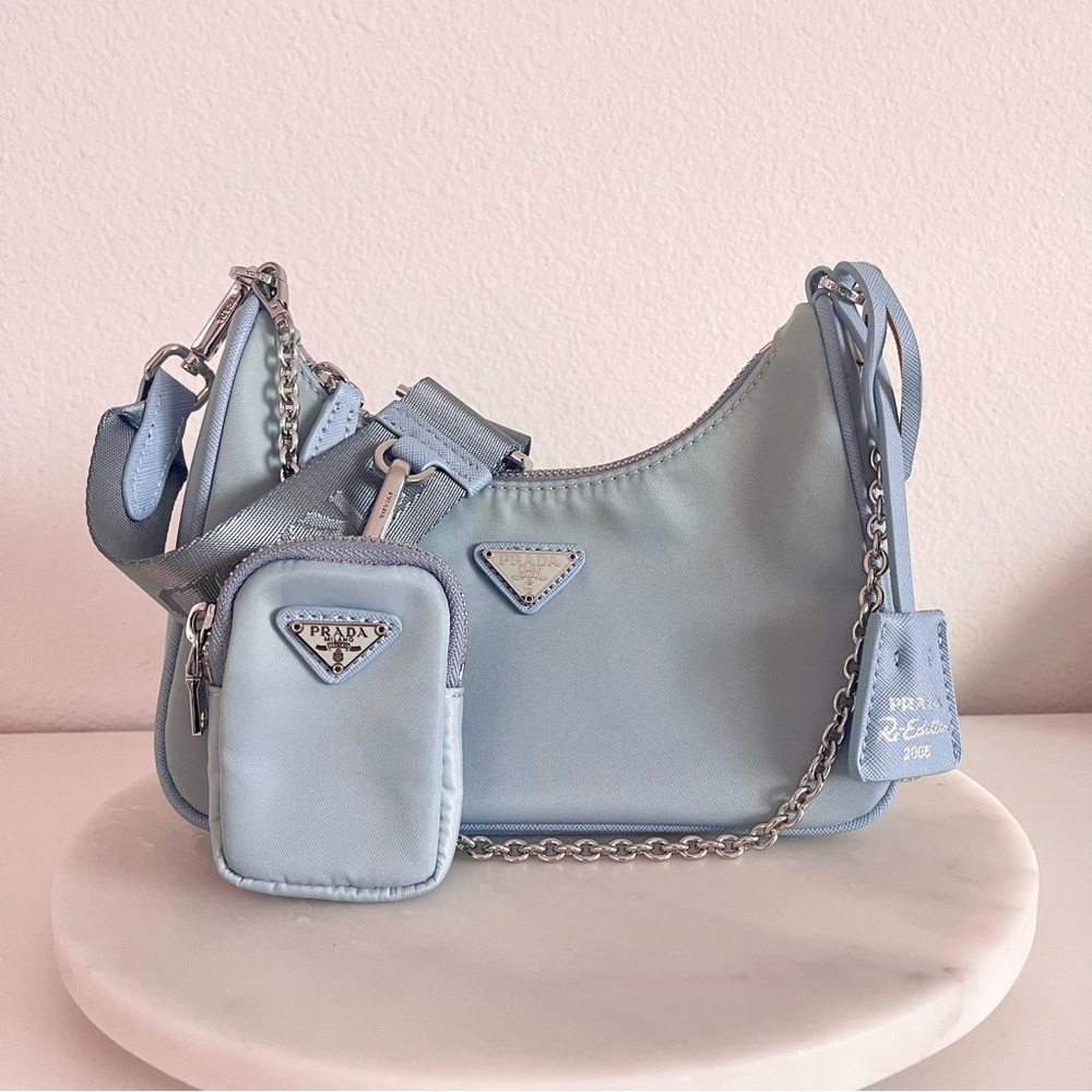 Prada Powder Blue Nylon Shoulder Bag with Detachable Mini Pouch